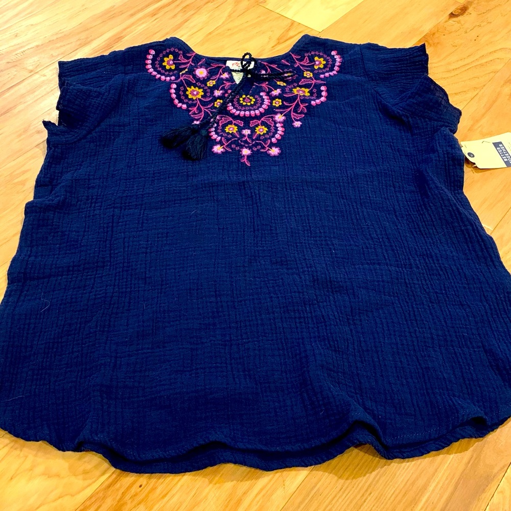 NWT St. John’s Bay blue ruffle sleeve embroidered neckline blouse size PM